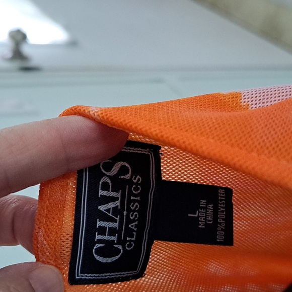 CHAPS CLASSICS Sleeveless v-neck lined mesh top, orange/fuchsia/white Size L - Picture 4 of 5